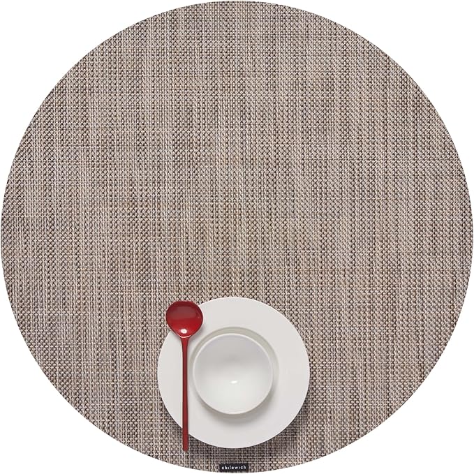 Chilewich Mini Basketweave Placemats in Soapstone - Set of 4 - Easy Care Woven Tabletop Textiles - Indoor/Outdoor - 15" Round