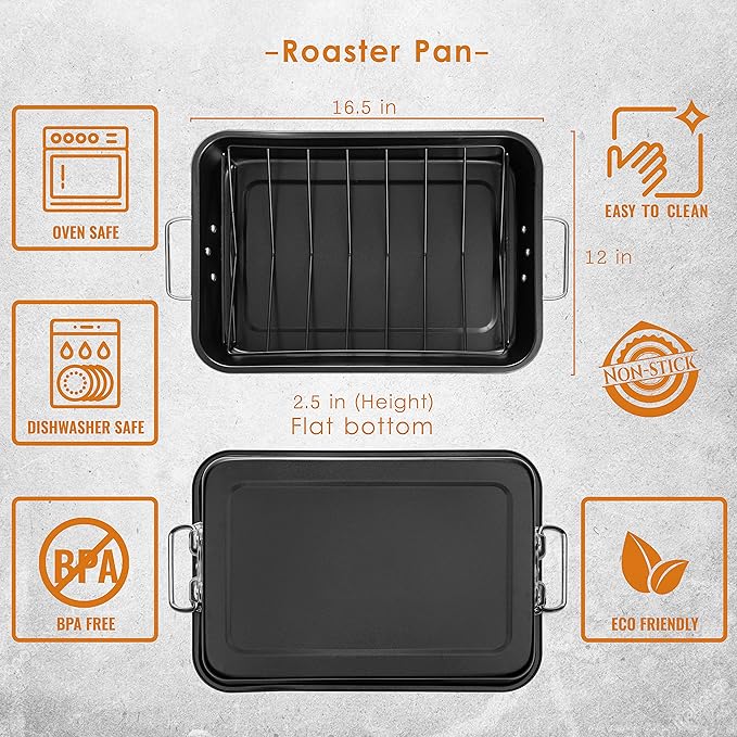 Moss & Stone Carbon Steel Roaster Pan With ?쏺??Shape Removable Roasting Rack Set, 16.5 Inch Rectangular Nonstick Roasting Pan, Turkey Roaster Pan Rack With Carving Fork & Chef Knife