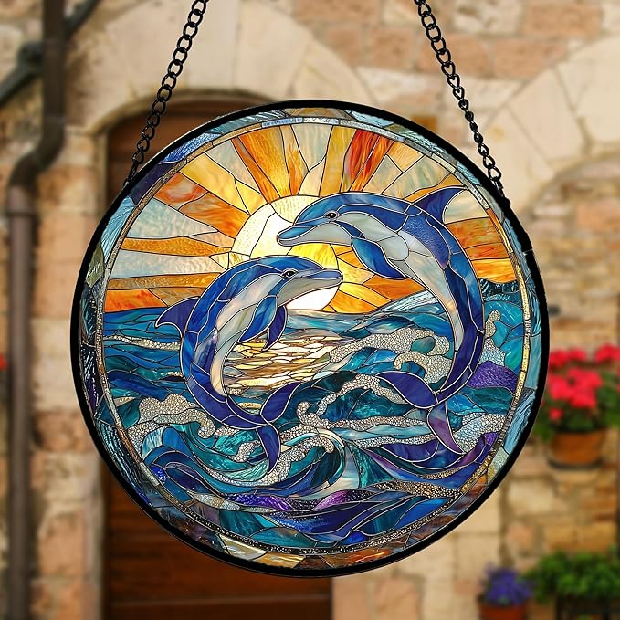 Stained Glass Window Hanging, Blue Dolphin Sun Catchers Colorful Glass Panel Sunrise Sea View Suncatcher Decor for Birthday for Women, Men, Wife, Aunt, and Mom 9.8 in