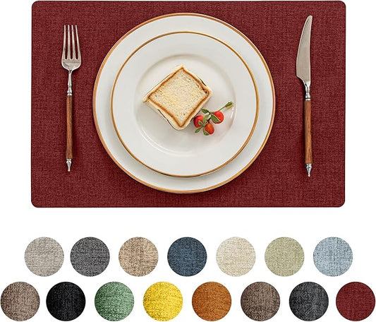 Romanstile Vinyl Placemats Set of 4-12 X 17 Inch - Heat Resistant Place Mats 100% Waterproof Oilproof Wipeable Reversible Faux Leather Table Mats for Kitchen, Dining, Party, Outdoor, Red
