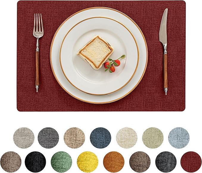 Romanstile Vinyl Placemats Set of 6-12 X 17 Inch - Heat Resistant Place Mats 100% Waterproof Oilproof Wipeable Reversible Faux Leather Table Mats for Kitchen, Dining, Party, Outdoor, Red