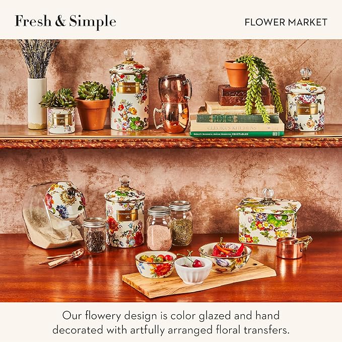 MACKENZIE-CHILDS Large Enamel Canister, Kitchen Storage Container for Flour and Sugar, 1.89 Liters, White Flower Market