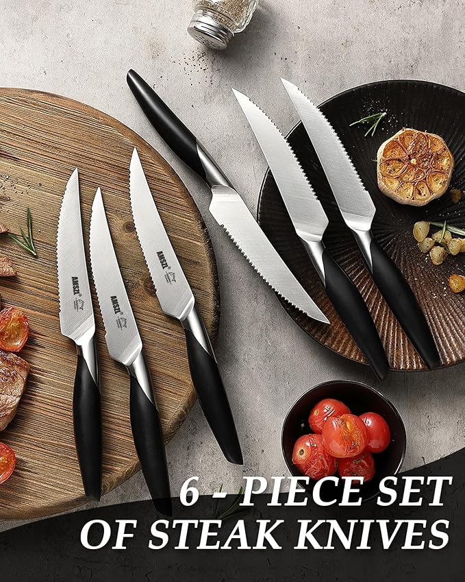 Steak Knives Set of 6, Serrated Edge German 1.4116 Stainless Steel, Forged Black Resin Handle - Dishwasher Safe Steak Knife Set for Dinner, Restaurant & Home Use