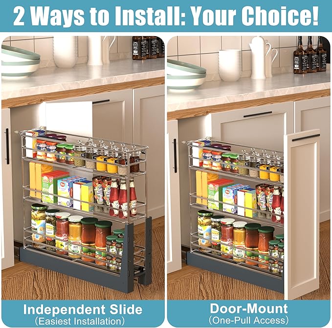 Pull Out Spice Rack for Narrow Cabinet (4⅛" W X 19⅔" D), Heavy Duty 3 Tier narrow PullOut Cabinet Organizer and Slide Out Shelves for inside Base Cabinets, Filler Pantry Storage