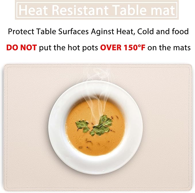 Set of 6 Faux Leather Placemats, PU Table Mats, Waterproof, Stain Resistant, Heat Resistant, Non-Slip Easy to Clean for Kitchen Dining Table,Conference Table, Beige