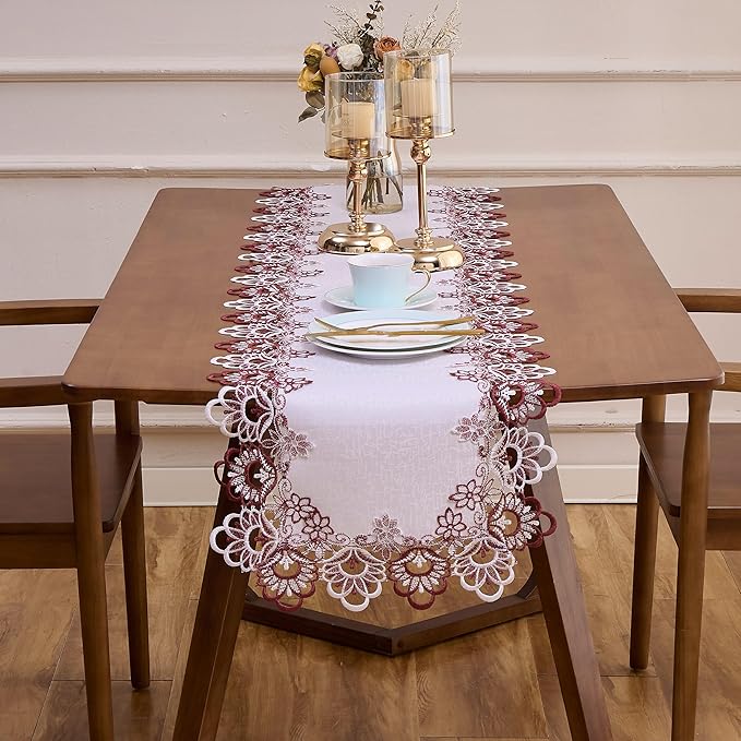 Raedan White Dark Red Jacquard Lace Floral Table Runner 108 inches Long, Claret Dresser Scarf Table Topper for Kitchen Coffee Table Wedding Party Home Decor (Floral Dark Red, 16?쓝108??