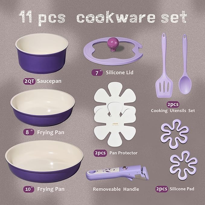 CAROTE 11pcs Ceramic Cookware Set, Pots and Pans Set Non stick, Induction Kitchen Cookware with Removable Handle, Dishwasher & Oven Safe, RV/Camping Cookware, PFAS Free, Purple