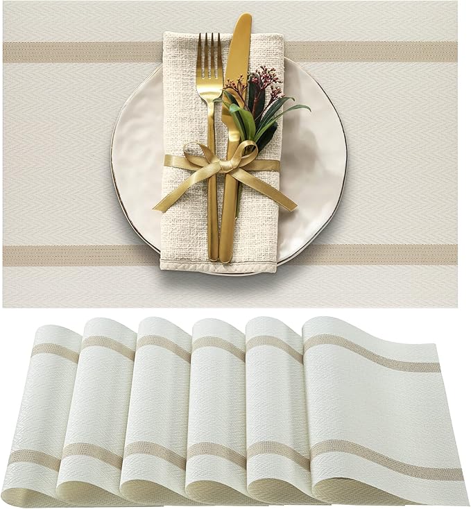 More D챕cor Dining Table Placemats, Washable Heat-Resistant PVC Vinyl Table Mats for Dining Room and Kitchen, Anti-Slip - Set of 4 - Ivory