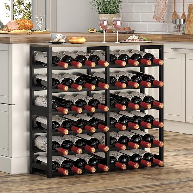 6 Tier Bamboo Wine Rack with Table Top, Freestanding 48-Bottle Wine Storage Shelf, Wine Display for Kitchen, Bar, Dining Room, Living Room, Ivory White and Black