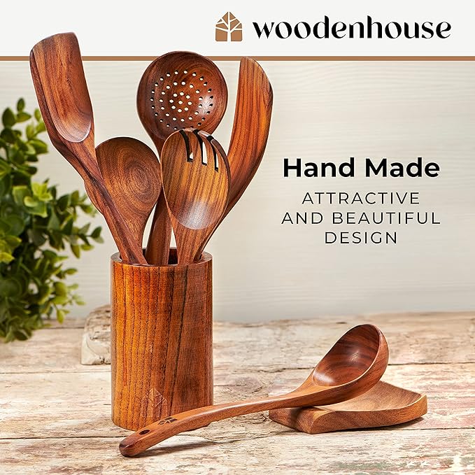Wooden Utensil Set 8 Pcs ??Sturdy & Easy to Clean, Natural Teak Wooden Spoons for Cooking ??Non-Scratch Cooking Utensils with Spatula, Turner, Ladle, Spoons, Skimmer, Holder, Spoon Rest & 6 Hooks