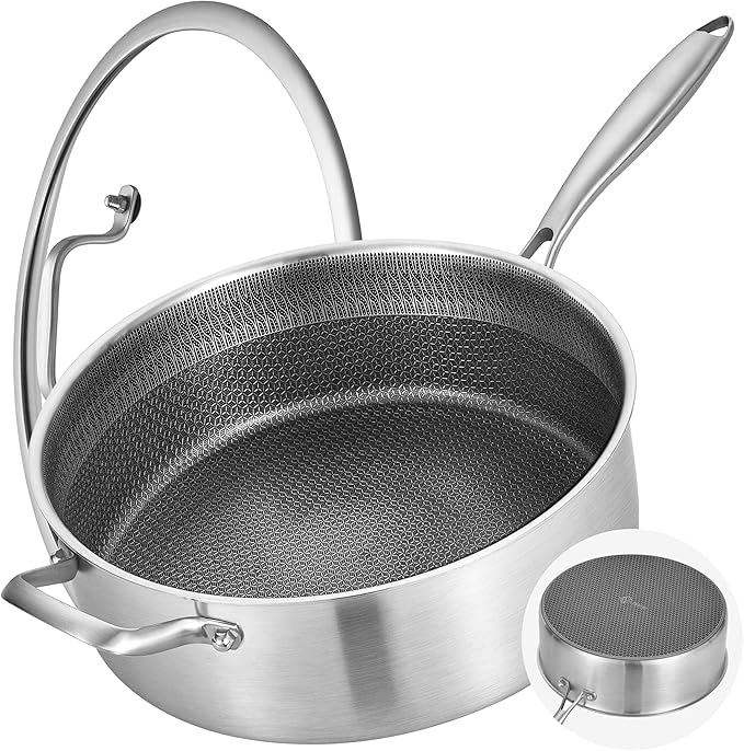 LOLYKITCH 7 Quarts Hybrid Non Stick Tri-Ply Stainless Steel Saut챕 Pan with Lid,12 Inch Deep Frying Pan,Large Skillet,Induction Cooking Pan, Oven Safe and Detachable Handle.