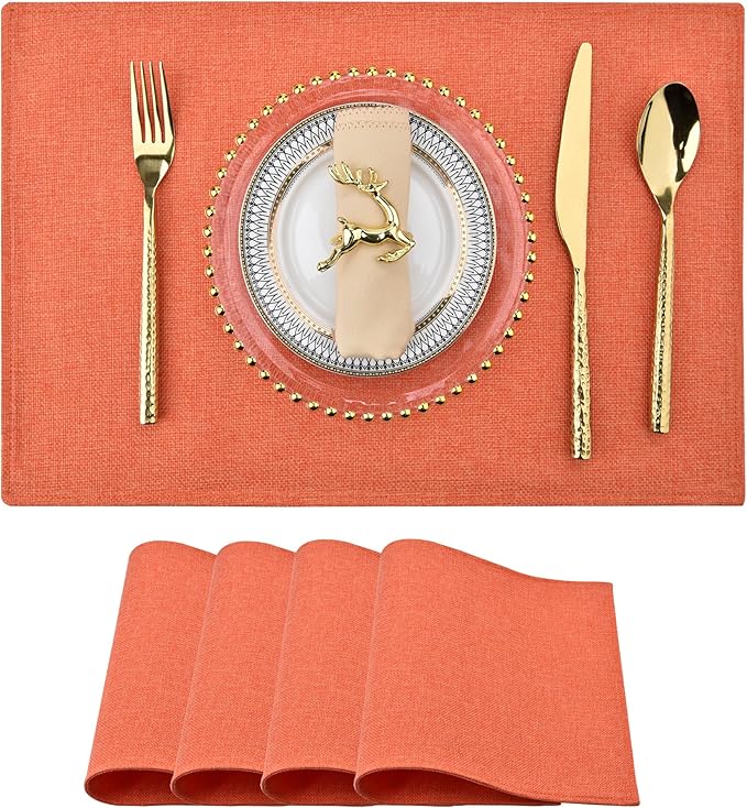 SLKQG Thanksgiving Linen Fabric Placemats Set of 4 - Heat Resistant & Machine Washable Table Mats for Holiday Dining, Double-Layered Placemats for Family Gatherings (4, Orange)