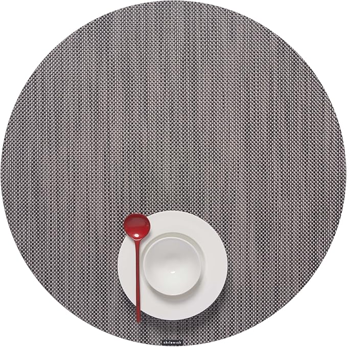 Chilewich Mini Basketweave Placemats in Light Grey - Set of 4 - Easy Care Woven Tabletop Textiles - Indoor/Outdoor - 15" Round