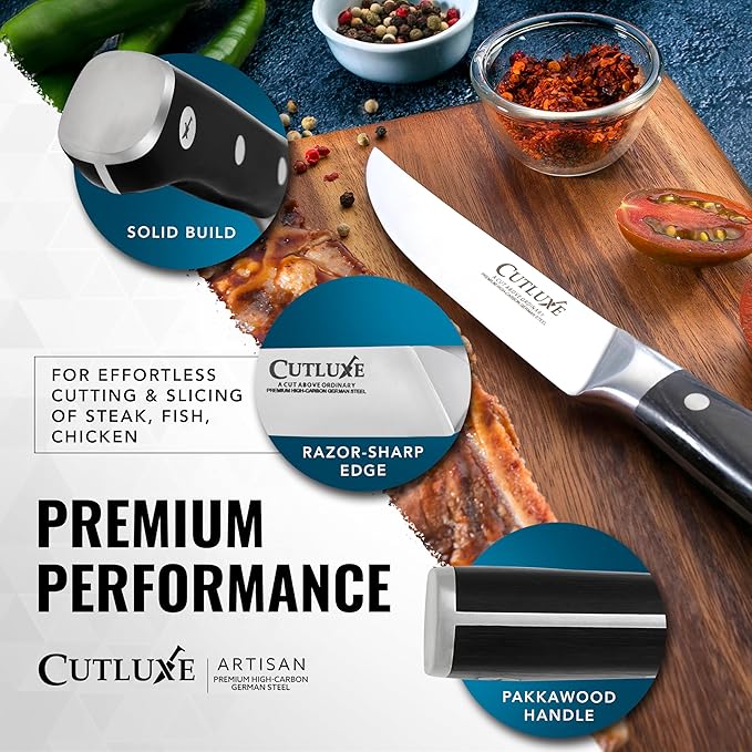 Cutluxe Steak Knives Set of 4, Straight Edge Steak Knife Set ??Forged High Carbon German Steel, Full Tang, Ergonomic Handle Design ??Artisan Series