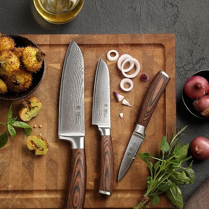 Wakoli EDIB 3-Piece Damascus Knife Block Set with Magnetic Knife Block ??Chef Knives Set with 3.4" - 6.7" Blades, 67-Layer Damascus Steel (VG10 Core), Kitchen Knives with Pakkawood Handles