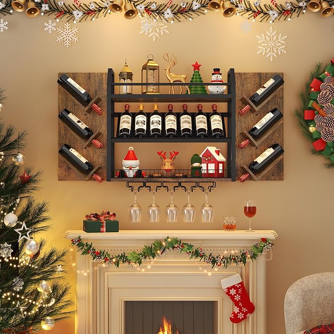 Hoctieon Wall Mounted Wine Rack, 3 Tier Hanging Wine Racks with Glass Holder, Large Capacity Bar Shelves, Metal Wood Bottle Display Storage for Kitchen, Home Bar, Dining Room, Rustic Brown