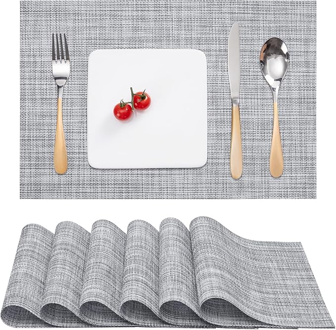 Myir JUN Placemats Set of 6, Vinyl Woven Placemats Place Mats Indoor Washable Table Mats Non-Slip Place mats for Dining Table (B-Gray, Set of 6)