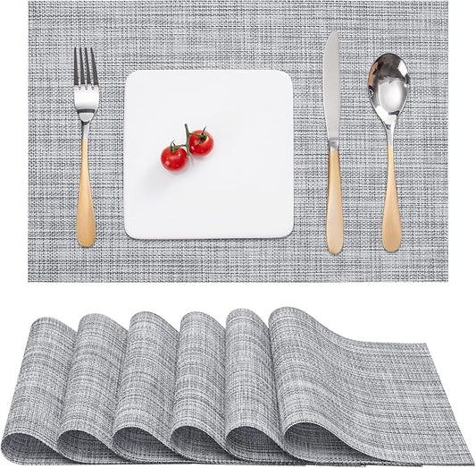 Myir JUN Placemats Set of 6, Vinyl Woven Placemats Place Mats Indoor Washable Table Mats Non-Slip Place mats for Dining Table (B-Gray, Set of 6)