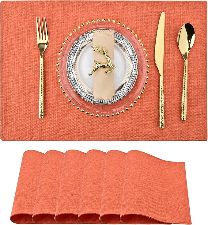 SLKQG Thanksgiving Linen Fabric Placemats Set of 6 - Heat Resistant & Machine Washable Table Mats for Holiday Dining, Double-Layered for Family Gatherings - Indoor Outdoor Use (6, Orange)