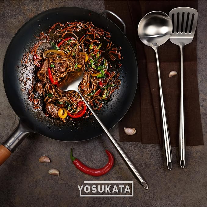 YOSUKATA Blue Round Bottom Wok Pan ??14" Woks and Stir Fry Pans + Wok Lid 13.6 Inch - Premium Stainless Griddle Dome with Tempered Glass + 17" Wok Spatula and Ladle and Turner