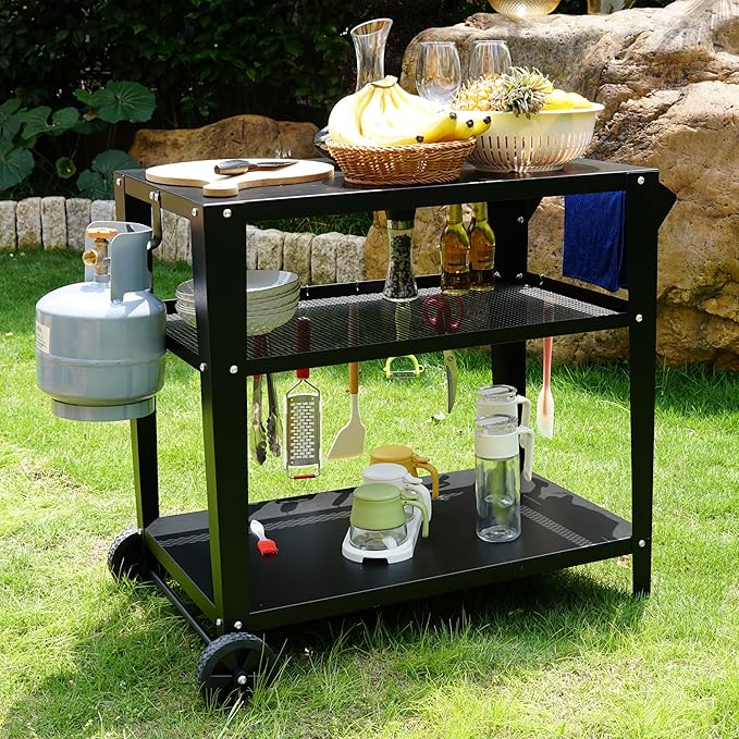 LEETOLLA Black Outdoor Grill Cart with Wheels, Heavy-Duty 3-Tier BBQ Prep Table for Pizza Oven, Griddle, Patio ??Rustproof Commercial Kitchen Cart with Tool Hooks