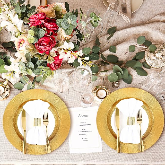 Tanlade 100 Pcs Charger Plates Bulk, 13 Inch Plastic Round Charger Dinner Plates Elegant Wedding Serving Plate for Event Tabletop Wedding Party Bridal Baby Shower Decor (Glitter Gold)