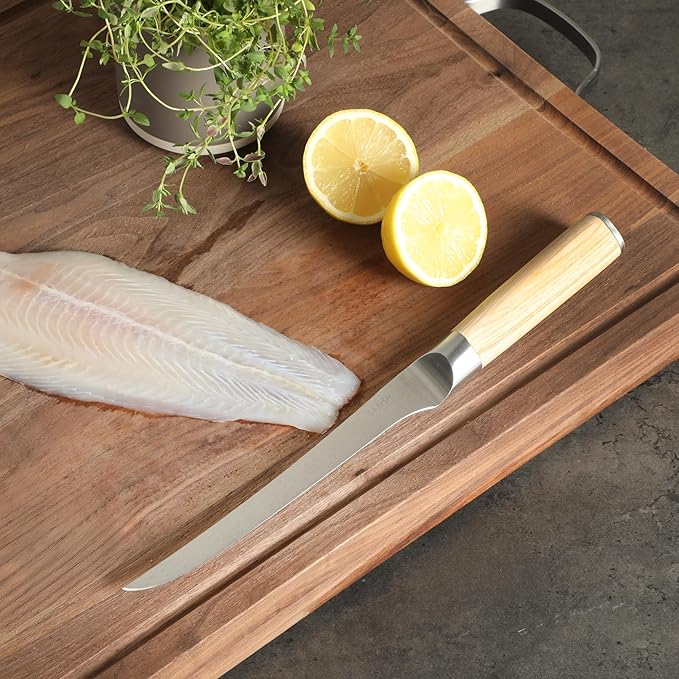 Babish 1.4116 German Stainless Steel Boning & Fillet Knife with Light Pakka Wood Handle ??6-Inch Full-Tang Flexible Kitchen Knife for Meat, Poultry, Fish & Precision Butchering