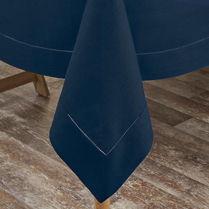 D'Moksha Homes Navy Blue Linen Tablecloth 60 x 156 Inch - 100% Pure Linen Navy Tablecloth for Rectangle Tables - Classic Hemstitch, Machine Washable Table Cloth for Easter
