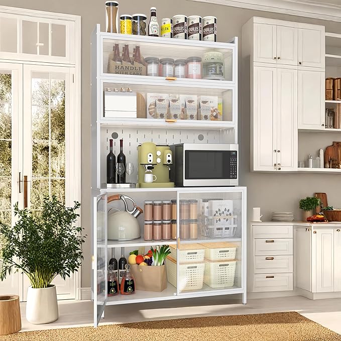 Ball & Cast 73?쿛antry Cabinet,Versatile Metal Storage Cabinet with Microwave Shelf,Pegboard Spacious, Adjustable Shelves Moden Kitchen Cabinet w/Anti-Tipping Safety for Kitchen,Dining Room,White