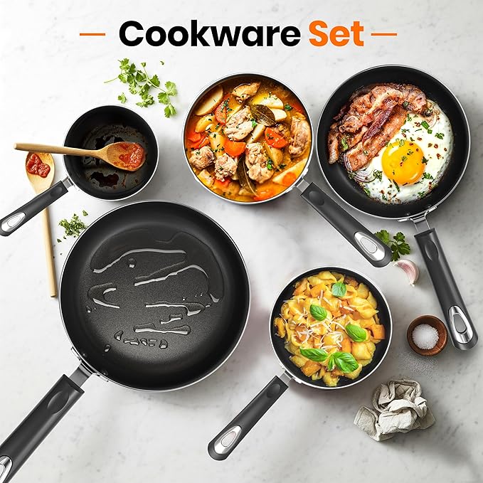 KICHLY 8 Pieces Pots and Pans Set, Non Stick Kitchen Cookware Set, Induction Frying Pans 20cm, 28cm, Saucepan with Lids 20cm, 18cm, Non Induction Saucepan 16cm, Pots and Pans Set Nonstick, Black