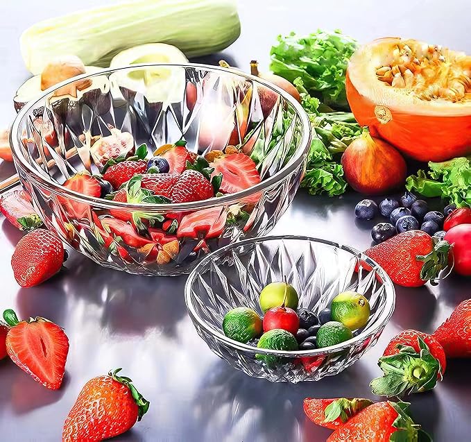 Le'raze Glass Diamond Design Bowl - Decorative Centerpiece for Kitchen & Home Decor, Great for Dining, Living Room, Serving, Salad, Pasta, Candy, Fruit
