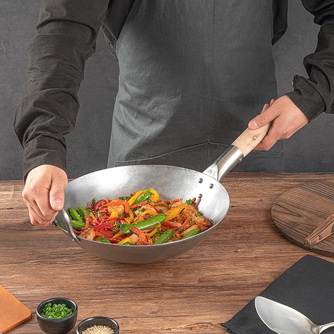 Restaurantware-Motomori 12 Inch Hand-Hammered Carbon Steel Woks, 10 Traditional Japanese Woks - Round Bottom, Wooden Handle, Black Carbon Steel Traditional Stir Fry Pans, With Helper Handle