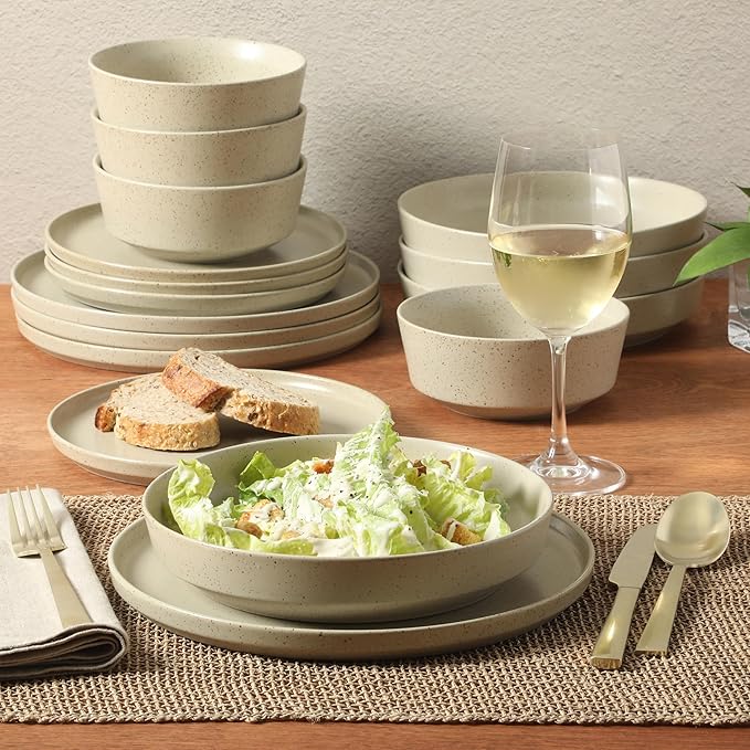 Gibson Elite Overbrook 16-Piece Pottery Clay Stoneware Dinnerware Set ??White Reactive Glaze, Stackable Plates and Bowls w/Pasta Bowl, Service for 4 ??Microwave & Dishwasher Safe