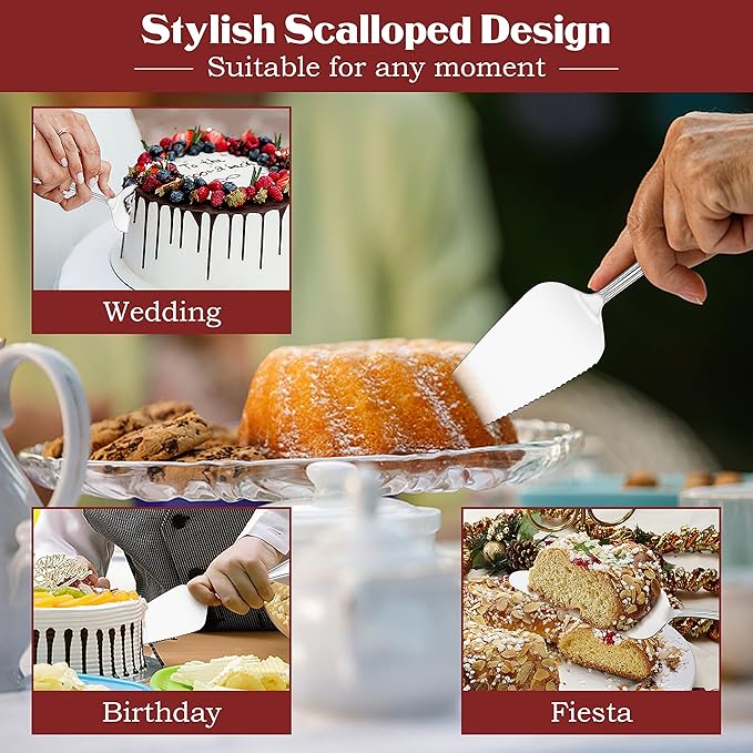 5-Piece Pie Server, E-far Stainless Steel Cake Server Spatula Cutter for Pastry Cheese Pizza, Serrated Edge with Scalloped Handle, Mirror Polished & Dishwasher Safe-9 Inch
