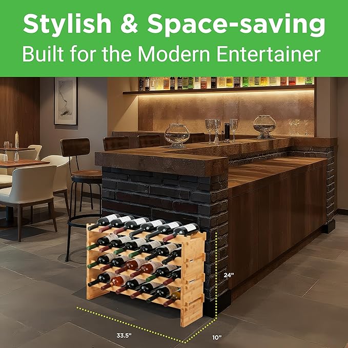 NutriChef Magnum Oversize 24 Bottle Stackable Modular Wine Rack, Upgraded 1??Thick Sideboard, .5??Rack Sticks, Sturdy Wobble Free Natural Bamboo Construction with Anti Moisture Protective Finish