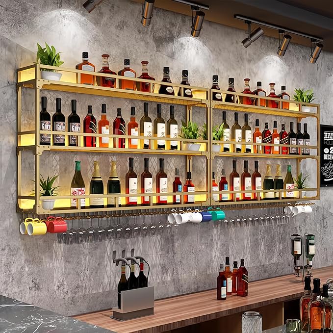 59 Inch Upgrade Metal Wine Rack Wall Mounted, Bar Shelves Wall Mounted with LED Light, Large 3-Tier Liquor Bar Display Shelf with Hang Mugs and Wine Glasses for Home Bars & Kitchen (Gold, 59-Upgrade)