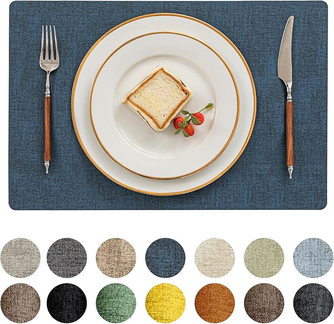 Romanstile Vinyl Placemats Set of 6-12 X 17 Inch - Heat Resistant Place Mats 100% Waterproof Oilproof Wipeable Reversible Faux Leather Table Mats for Kitchen, Dining, Party, Outdoor, Navy Blue