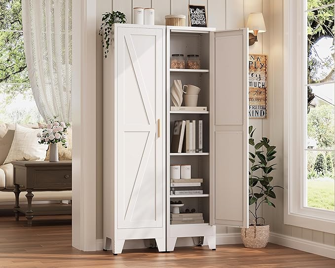 67?쏦 Narrow Pantry Cabinet,Tall Skinny Pantry Storage Cabinet with Adjustable Shelves,Metal Narrow Kitchen Storage Cabinet,Slim and Thin Pantry Cabinets for Living Room Dining Room, White