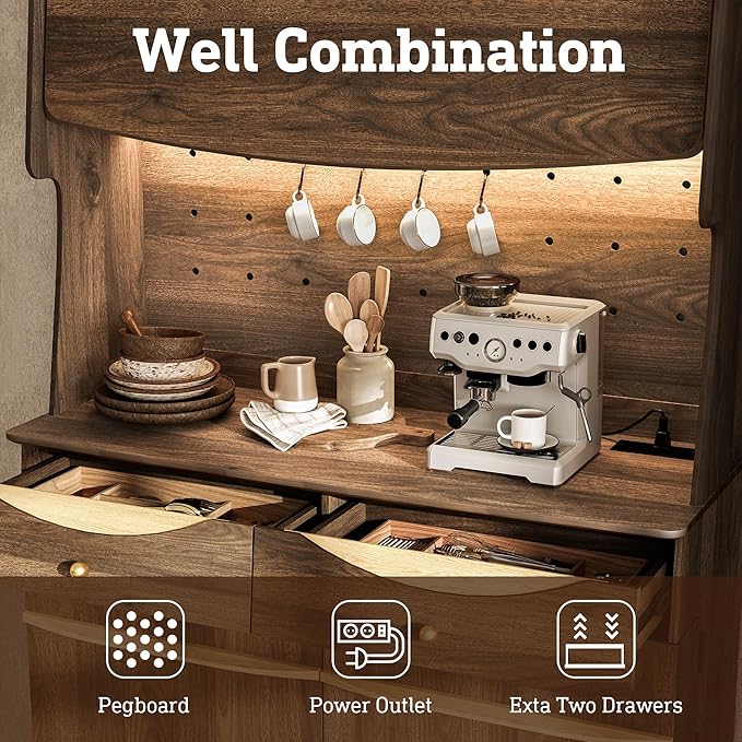 STO'SENSE 72?쇺?Kitchen Pantry Cabinet w/Power Outlets, Tall Storage Cabinet w/LED Light, FILP-up Door & Pegboard, Freestanding Kitchen Hutch w/Drawers, Solid Wood Handles (Walnut)