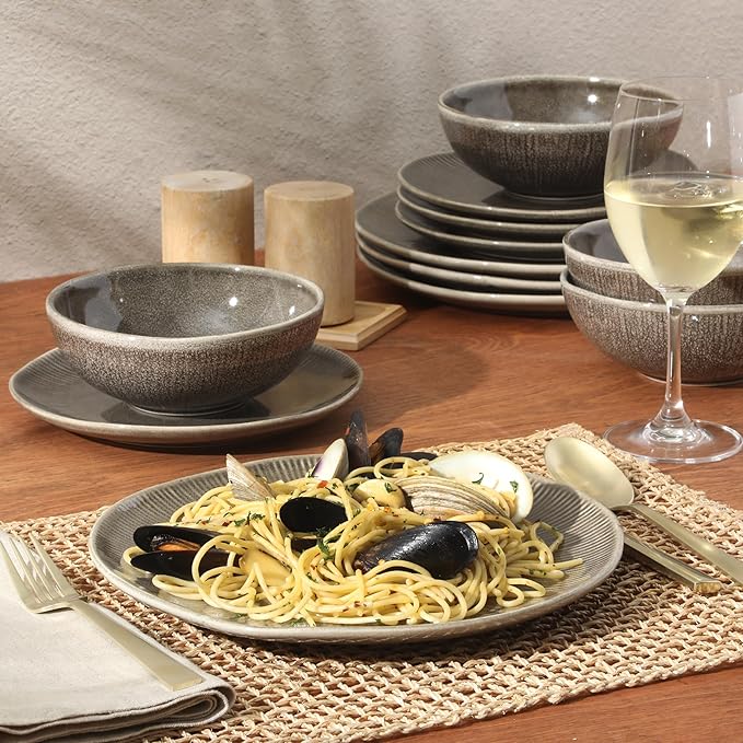 Gibson Elite Sandy Pines Stoneware Plates and Bowls Set - 12 Piece Reactive Glaze Dinnerware Set - Service for 4 - Dishwasher and Microwave Safe - Brown