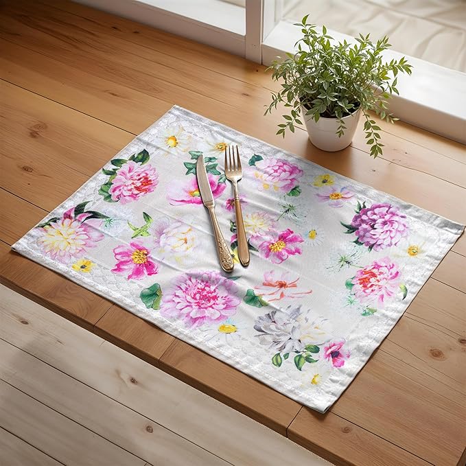 Maison d' Hermine Placemats Set of 4 100% Cotton Washable Cloth Place Mats, Reusable Table Mats for Kitchen Dining Decoration, Party, Restaurant Spring/Summer (Sweet Rose Lavender - Lush, 13" x 19")