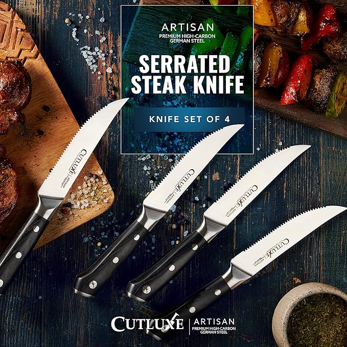Cutluxe Steak Knives Set of 4, Serrated Steak Knives ??Forged High Carbon German Steel, Full Tang, Ergonomic Handle Design ??Artisan Series