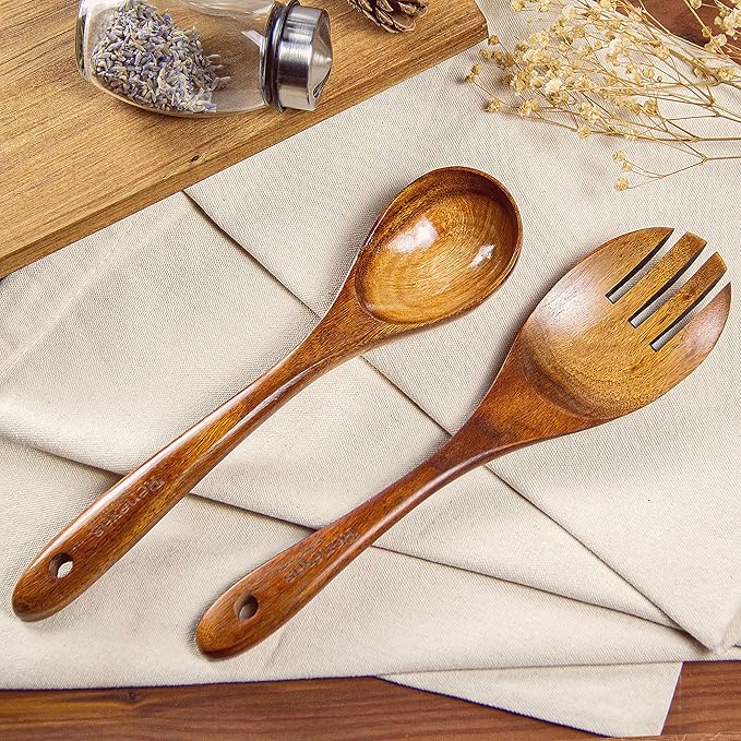 Wooden Spoons for Cooking Utensils, Natural Teak Wooden Cooking Spoons with Nonstick Spatula Set, Bamboo Kitchen Utensils With Holder, Wood Spoon Set for Kitchen Essentials (6)