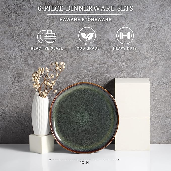 HaWare Stoneware Salad Plates Set of 6, 7.9??Heavy Duty Ceramic Plates, Reactive Glaze Dinnerware for Home Restaurant, Chip and Scratch Resistant, Microwave and Dishwasher Safe, Reactive Moss Green