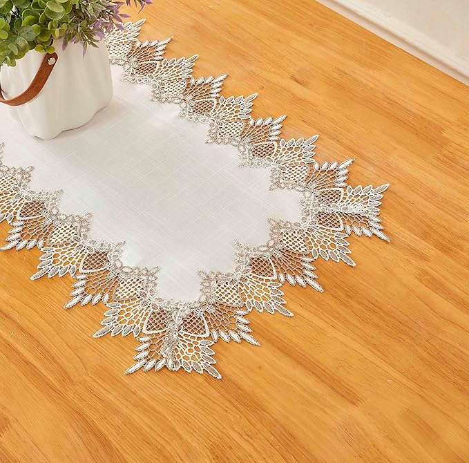 Raedan White Linen Table Runner 108 inches Long, Neutral Earth Tones Beige Lace Vinyl Dresser Scarf for Kitchen Coffee Table Wedding Party Home Decor (White, 16?쓝108??