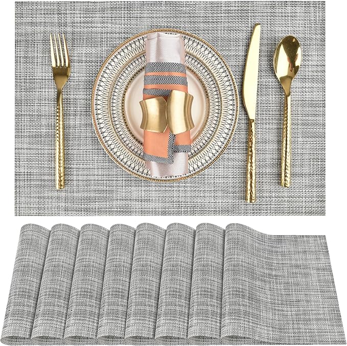 SLKQG Gray Placemats Set of 8 - Easy Clean Washable Vinyl Placemats - Wipeable Heat Resistant Table Mats for Dining Table - 17.7x11.8 Inch (8, Gray Black White)