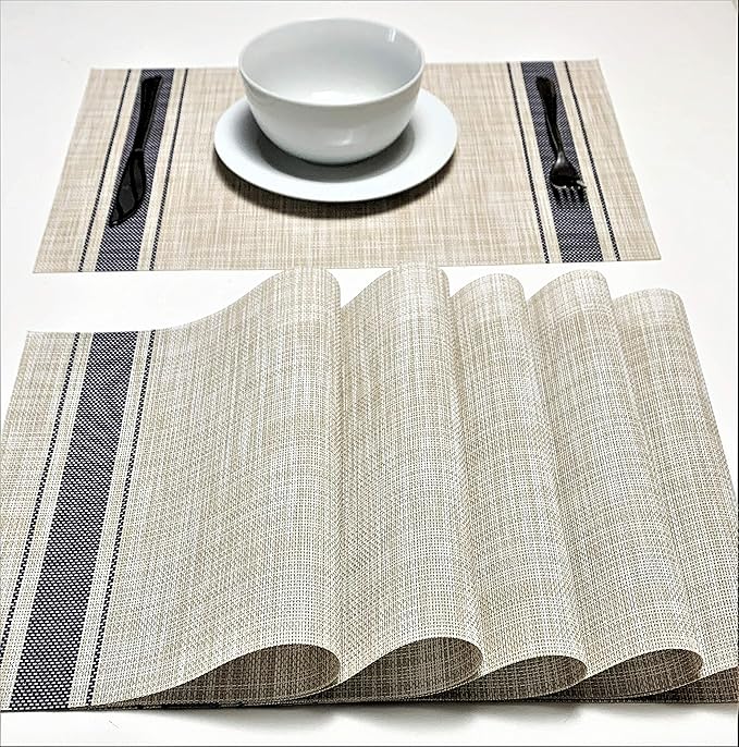 Set of 12 PVC Vinyl Woven Place mats, Heat Insulation Stain Resistant Stripe Placemats for Dining Table Durable Cross Weave Woven Vinyl Kitchen Table Mats Placemat (Blue)