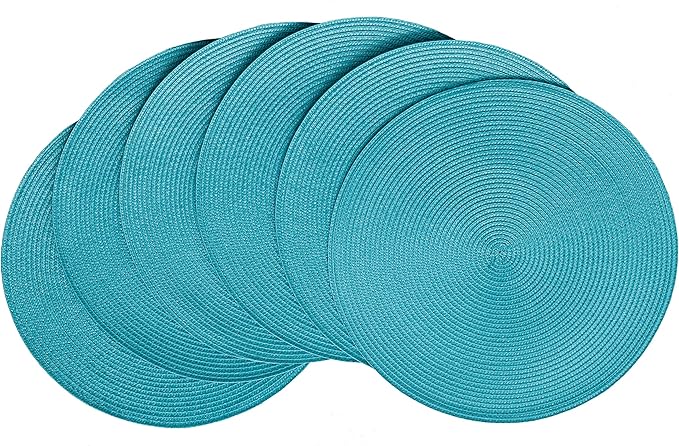 HODJOY Round placcemats Set of 6, Table mats for Indoor and Outdoor Dining Table, Washable Woven Non-Slip placemats, 15inch (Aqua)
