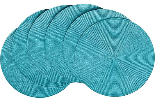 HODJOY Round placcemats Set of 6, Table mats for Indoor and Outdoor Dining Table, Washable Woven Non-Slip placemats, 15inch (Aqua)