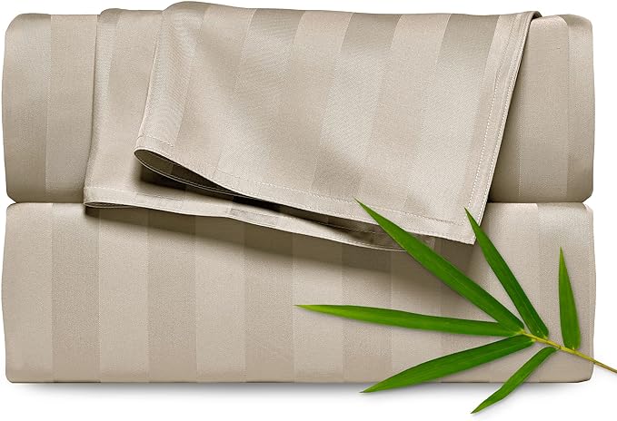 Pure Bamboo Queen Sheets, Genuine 100% Organic Viscose Derived from Bamboo Bed Sheet Set, Luxuriously Soft & Cooling, Double Stitching, 2 Year Quality Promise (Queen, Jacquard Sand)